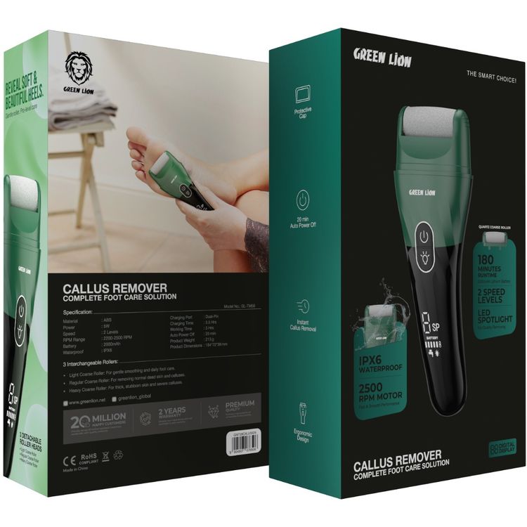 Green Lion Callus Remover with Protective Cap, 3 Detachable Roller Heads, Digital Display, 2 Speed Levels, 5W Power, 20 Minutes Auto Power-Off Function, Dual-Pin Charging Port - Green