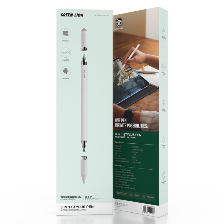 Green Lion 3-in-1 Stylus Pen with Touchscreen Compatibility, Black Ink, Ballpoint, Disc & Mesh Tips, Aluminum Alloy Material, Lightweight & Travel-Friendly, Compatible with Windows, macOS & Android - White