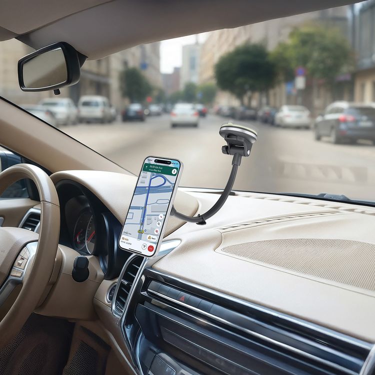 Porodo Vindex Magnetic Car Mount with Extended Flexible Pole, One-Hand Operation, Adjustable Viewing Angle, 360° Rotating Base , One-Click Secure Lock, N52 Magnet Type - Black