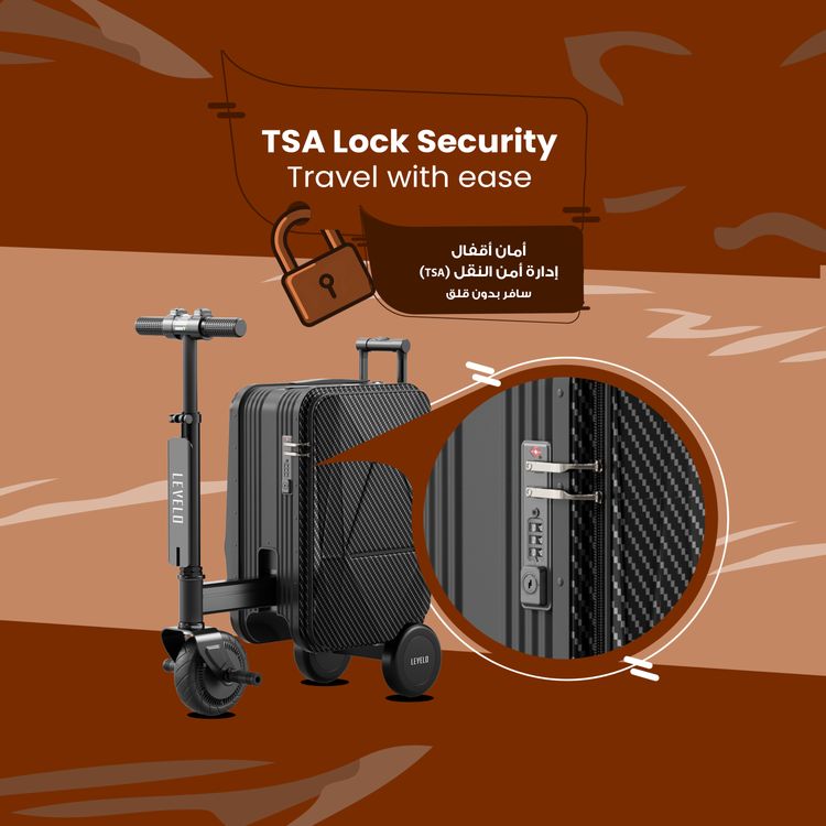 Levelo Spark-E Portable E-Scooter Luggage with Smooth-Rolling Wheels , Ultra-Light Carbon Fiber Construction, TSA Lock, Smart Telescopic Handle, Effortless Travel, Reverse gear, 250W Motor Power, 20L Luggage Capacity,  110kg Max User Weight - Black