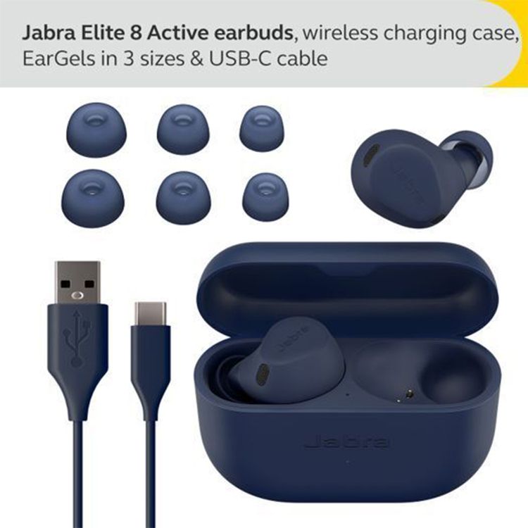 Jabra Elite 8 Active True Wireless Earbuds, Active Noise-Cancellation, Mono Mode, Up to 56 Hours Battery Life, Up to 10 m Operating Range, Up to 3 Hours Charging Time - Navy Blue