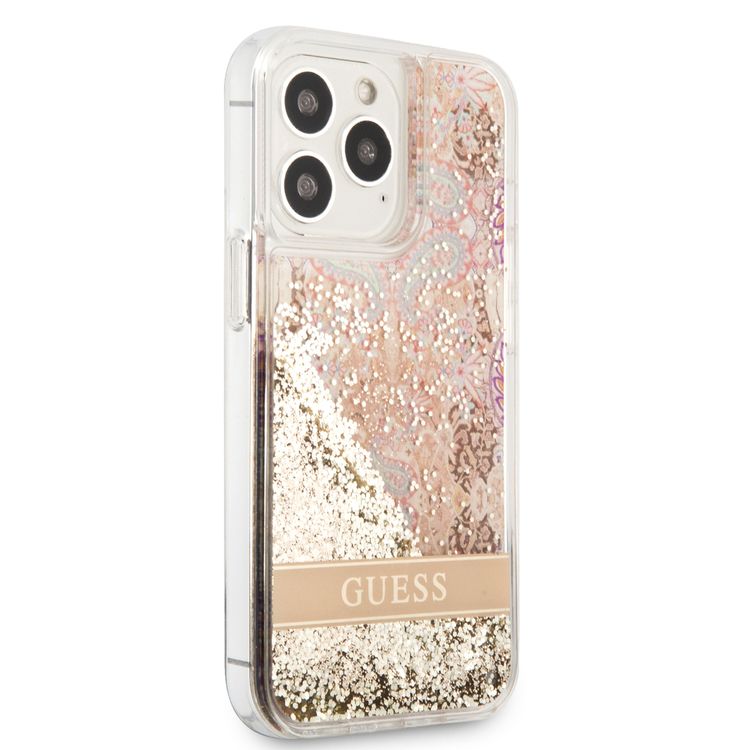 CG MOBILE Guess GUHCP13XLFLSD Liquid Glitter Hard Case, Charms Hard Phone Case, Compatible for iPhone 13 Pro Max, Shock-Absorption Mobile Case Officially Licensed - Paisley Gold