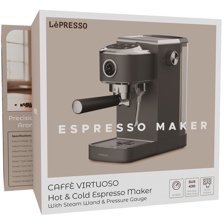 LePresso Hot & Cold Espresso Maker with Steam Wand & Pressure Gauge, 1.3L Water Tank Capacity, 1350W Rated Power, 20bar Pump Pressure, PCB Control & 6 Touch Buttons, Powerful Boiler - Gray