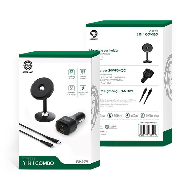 Green Lion 3-in-1 Combo Magnetic Car Holder with PD 20W, QC3.0 20W, USB-C & USB-A Ports, USB-C to Lightning Cable, 1.2m Cable Length, Strong Magnets, Fast Charging Support - Black