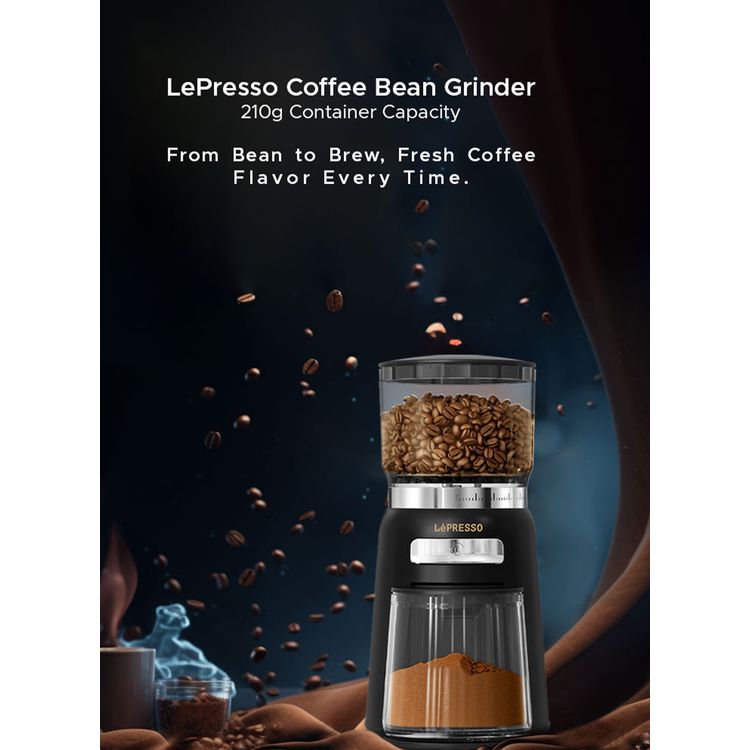 LePresso High Performance Coffee Bean Grinder with User-Friendly Design, 150W Power, Durable ABS Material, 210g Bean Box Capacity, 120g  Powder Cup Capacity - Black