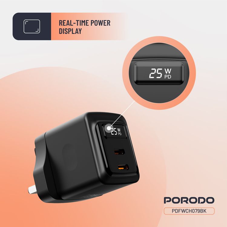 Porodo GaN Wall Charger with Dual USB-C Ports, 25W Power Delivery, Built-in Safeguards, Fast Charge Support, Multiple Device Charging, Digital Display - Black