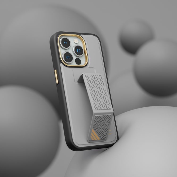 جراب Levelo Morphix Cuero Gripstand لهاتف iPhone 15 Pro، أوضاع متعددة، جلد PU، حواف مقاومة للصدمات - رمادي