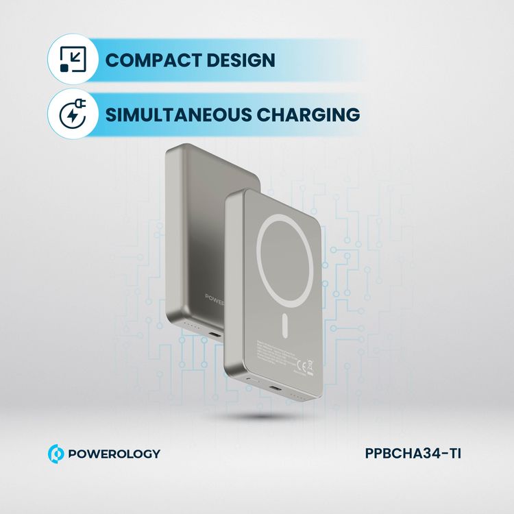 بنك الطاقة Powerology MagSafe من الألومنيوم بقدرة 10000 مللي أمبير في الساعة مع مؤشر لمستوى البطارية، تصميم خفيف الوزن وصغير الحجم، شحن سريع ومتزامن، مدخل ومخرج من النوع C، مخرج لاسلكي 15 وات - التيتانيوم
