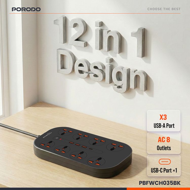 Porodo 8AC Universal Power Strip with Premium Materials, Safety Shutters, 13A Maximum Current, 3m Cable Length - Black
