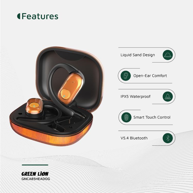 Green Lion CATANIA Open-Ear Earbuds with Smart Touch Control, Dual-Mic ENC, Type-C Charging, IPX5 Water Resistance Level, Open-Ear Comfort, Liquid Sand Design - Orange