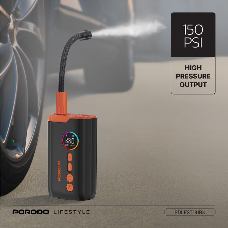 Porodo Electric Air Inflator with 150PSI High-Pressure Power, 4 Inflation Mode, 30cm Cable Length, USB-C Charging Cable, Up to 5 Hours Charging Time, Detects Air Pressure - Black
