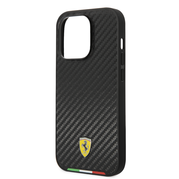 Ferrari HC PU Carbon Effect Case with Italian Flag Line iPhone 14 Pro Compatibility - Black
