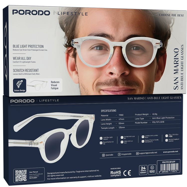 نظارات Porodo Lifestyle San Marino المضادة للضوء الأزرق بعدسات مقاومة للخدش، درع للإجهاد الرقمي، تقلل التعب البصري، تصميم كلاسيكي دائري، وضوح بصري محسن، مادة TR90، تصميم يناسب الجنسين - شفاف