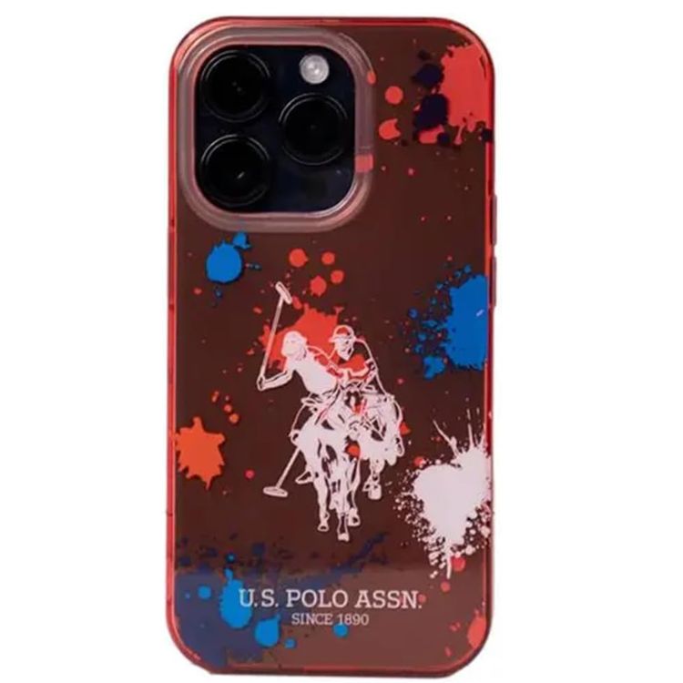 USPA PC/TPU Case with Splatter Pattern & Horse Logo iPhone 14 Pro Compatibility - Red