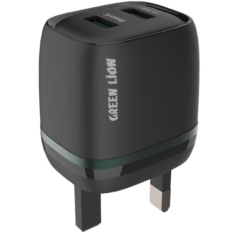 Green Lion Dual Port Wall Charger with USB-A to Micro Cable Type, 1m Cable Length, 3-Pin UK Plug, 12W Power, 2.4A Fast Charging, ×2 USB-A Ports, Charging Protection, Multi-Device Charging, Portable Design - Black
