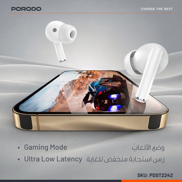 Porodo True Flex Earbuds Pro with Music & Gaming Mode, 5 Hours Play Time, 230mAh Case & 25mAh Earbuds Battery, Ultra Low Latency, USB-C Charging Port, Voice Assistant - Black