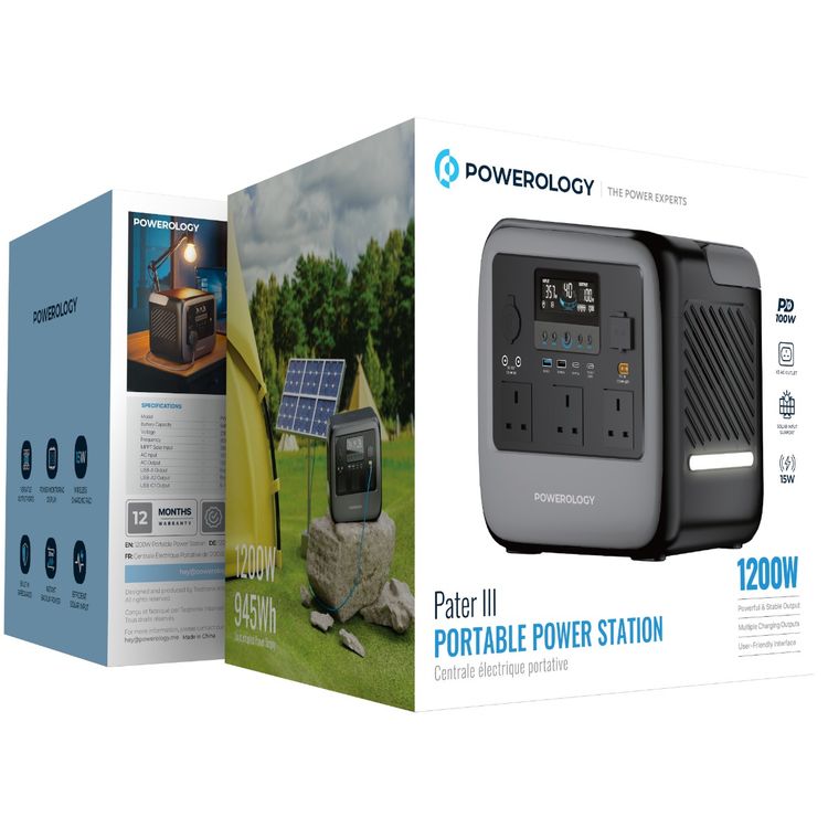 Powerology Pater III Portable Power Station with 1200W Rated Power, 2400W Peak Power, 945Wh Battery Capacity, 230V Voltage, Efficient 350W Max Solar Input, PD 100W Max USB-C Output, 15W Wireless Output, 120W Max Car Port Output, 3x AC Outlets, Power Monitoring Display, Built-in Safeguards - Gray