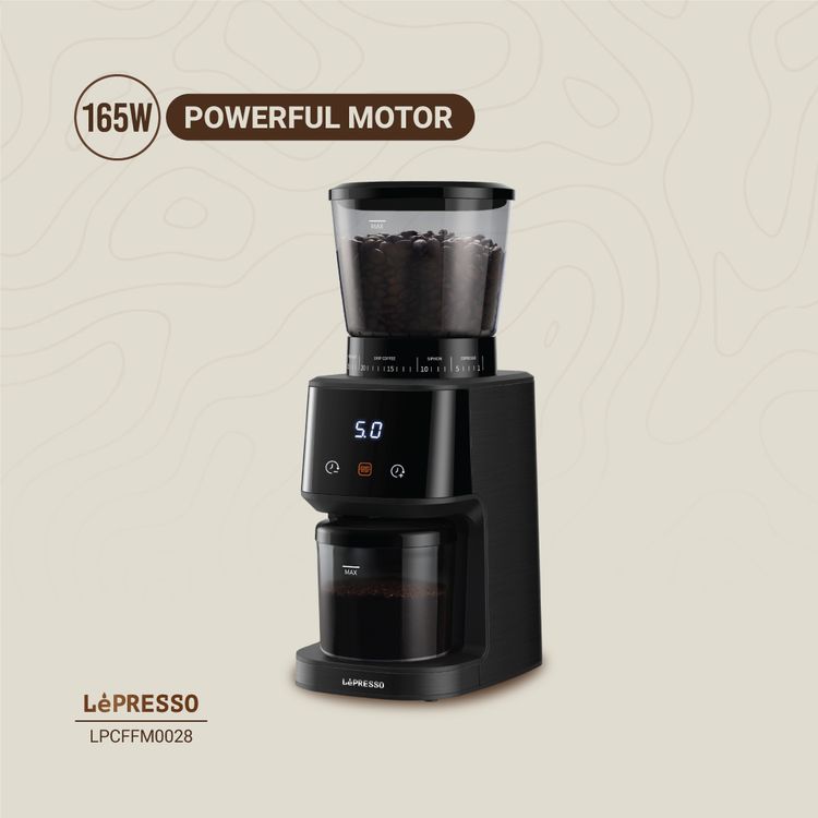 Lepresso Conical Burr Grinder, 275g Bean Hopper Capacity, 99g Chamber Capacity, 31 Grind Settings, User Friendly Interface, Timer Technology - Black