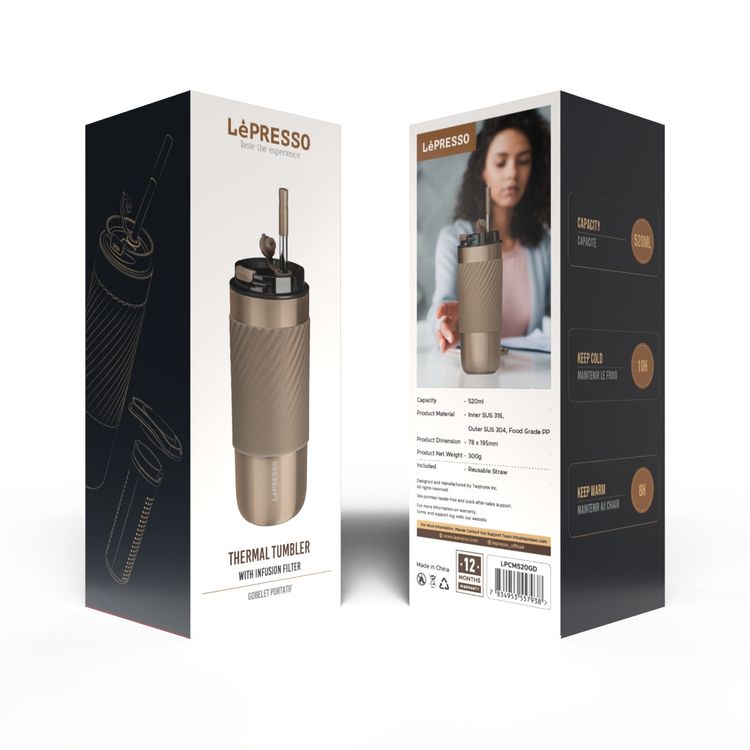 Lepresso Thermal Tumbler with Infusion Filter, 520ml, Reusable Straw Included, 10 Hours Keep Cold, 8 Hours Keep Warm, Tea Filter Component, Stainless Steel Body, Lightweight & Portable - Gold
