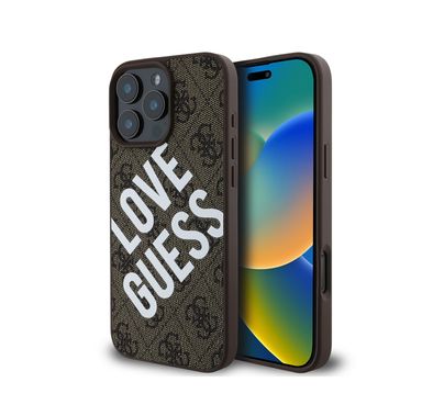 Guess PU 4G Hard Case with Big Love Guess Logo For iPhone 16 Pro, High Quality Material, Lightweight, Easy Snap-on - Brown