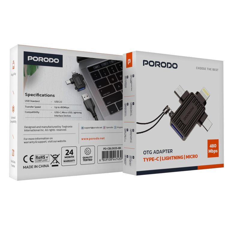محول Porodo 3 في 1 OTG، من USB A إلى Lightning، Micro وType-C، نقل بيانات سريع، توافق عالمي، توصيل وتشغيل، سرعة نقل بيانات تصل إلى 480 ميجابت في الثانية - أسود.