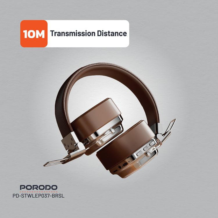 Porodo Soundtec Vintage Wireless ENC Headphones, Up to 12 Hours Battery Life, 10m Transmission Distance, 350mAh Battery Capacity, 2 Hours Recharge Time - Brown/Silver