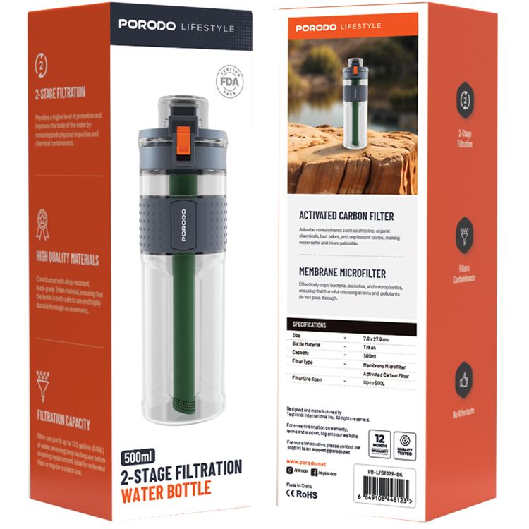 Porodo Lifestyle 2-Stage Filtration Water Bottle with 500mL Capacity, Up to 500 Liters Filter Life Span, No Aftertaste, Filters Contaminants, Polypropylene Bottle Material - Black