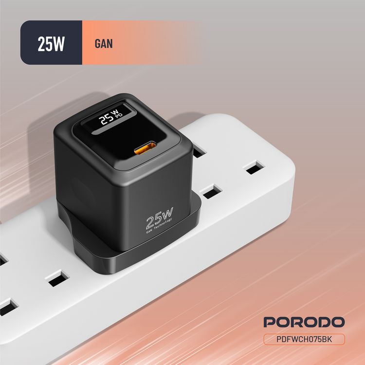 Porodo 25W Wall Charger with Single USB-C Port, High-Speed Efficient Charging, Digital Display, Built-in Safeguards, Fast Charging - Black