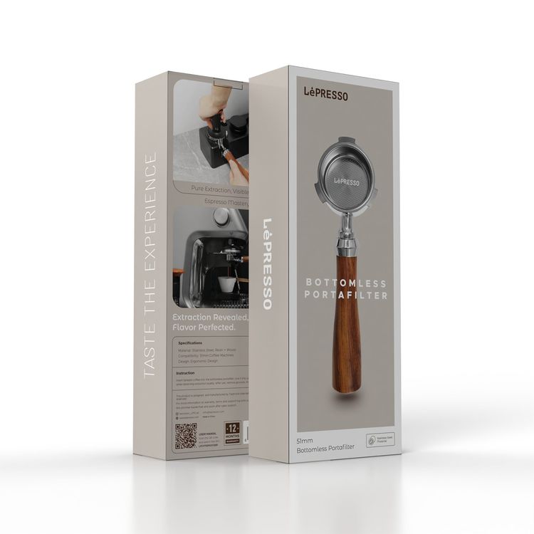 LePresso 51mm Bottomless Portafilter, Stainless Steel, Aluminum Alloy, Wood Material, Compatible with 51mm Coffee Machines, Ergonomic Design - Brown