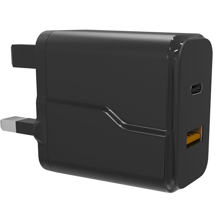 Porodo Dual Port Wall Charger with 20W Power Delivery, QC 18W, Fire Retardant Material, Overcurrent Protection, UK 3-Pin Plug, Built-in Protective Mechanisms - Black
