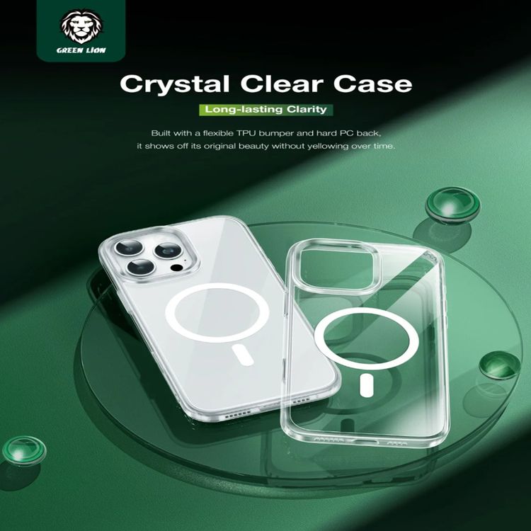جراب Green Lion Sense Crystal Clear Magsafe، لهاتف iPhone 16، حماية للكاميرا، حماية من السقوط، متوافق مع Magsafe، مغناطيسات قوية، مضاد للخدش، زر استشعار، حافة مرتفعة