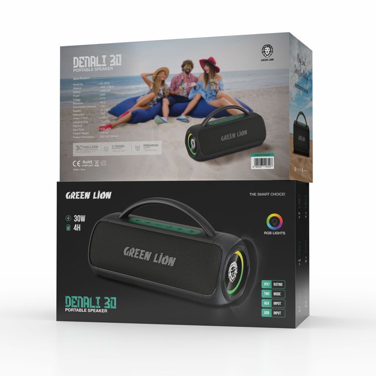 Green Lion Denali 30 Portable Speaker with Carry Handle, 10m Transmission Distance, Powerful Sound, 4 Hours Play Time, Bluetooth Version 5.3, 3600mAh Battery Capacity, 30W Power - Black