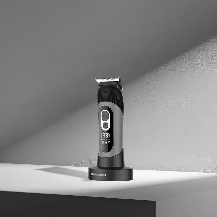 Porodo Lifestyle T-Blade Full-Body Grooming Kit with Metal Curved Blade, 90 Minutes Working Time, 600mAh Battery, USB-C Charging Port, Base, 2, 3, 6 & 9 mm Combs Included, 5W Rated Power, Wet & Dry Shaving - Black