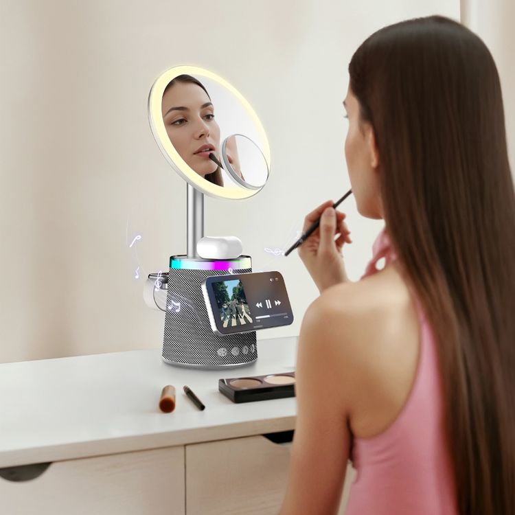 Porodo Makeup Mirror with Wireless Charger & Speaker, Button Control, 15W Phone Output, 3W Watch Output, 30m Transmission Range, Bluetooth Version 5.1, 5W Earbuds Output, 3 Color Tones - Silver