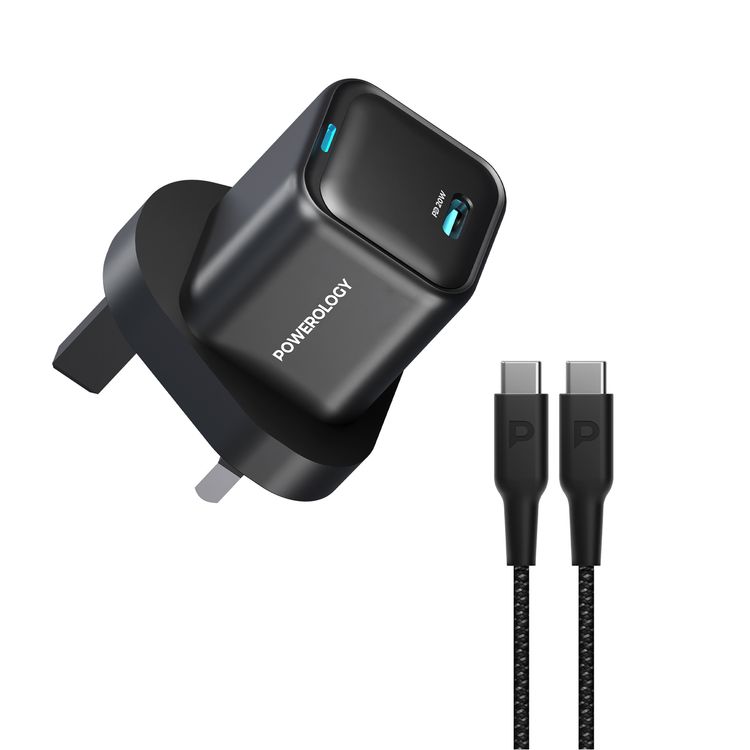 Powerology Ultra-Compact GaN Charger With USB-C to USB-C 60W Cable, 20W Power Delivery, Built-in Safeguard, 1.2m Cable Length - Black