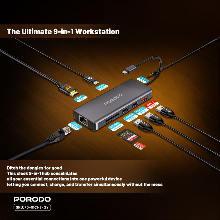 Porodo 9-in-1 USB-C Hub 4K HDMI Ethernet with 100W Power Delivery, 3.5mm Aux, USB-C Version 3.2, 10Gbps Data Transfer Speed, SD & Micro SD Memory Slot - Gray