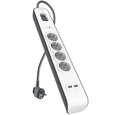 Belkin Surge Plus Protector with 2 USB Port (2.4A) & 4 Outputs EU with Indicator Light, Modern Design Extension, Touch Protection, Universal Socket - White