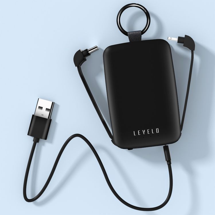 Levelo Nano Mini Portable Keychain Power Bank with Type-C & Lightning Heads, LED Indicator, Simultaneous Charging, Fast Charging Support, 4000mAh Battery Capacity - Black