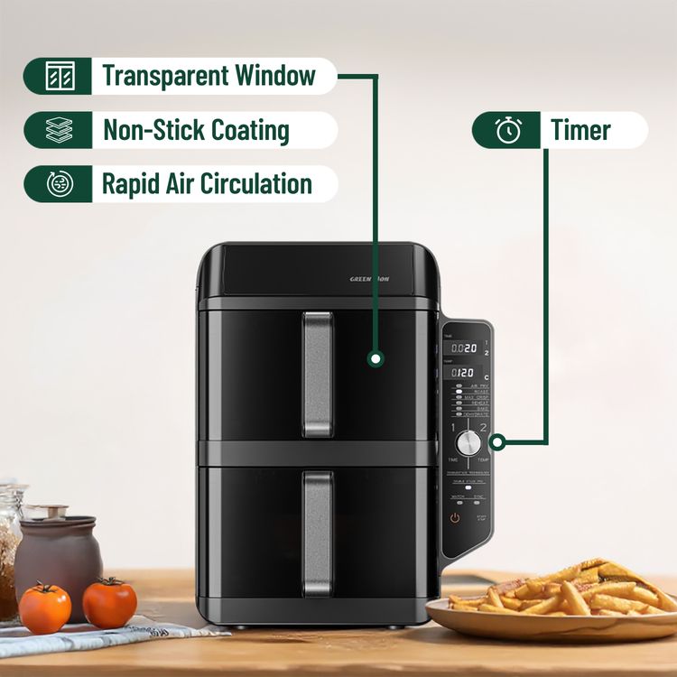 Green Lion Double-Decker Pro Digital Air Fryer with 2× 5.6L Capacity, 6 Preset Programs, 2400W Power, PP + Aluminum + ABS & PC Material, 0-60 Minutes Frying Time, Up to 230°C Temperature, BS Plug 90cm Power Cord, LED Touch Display - Black