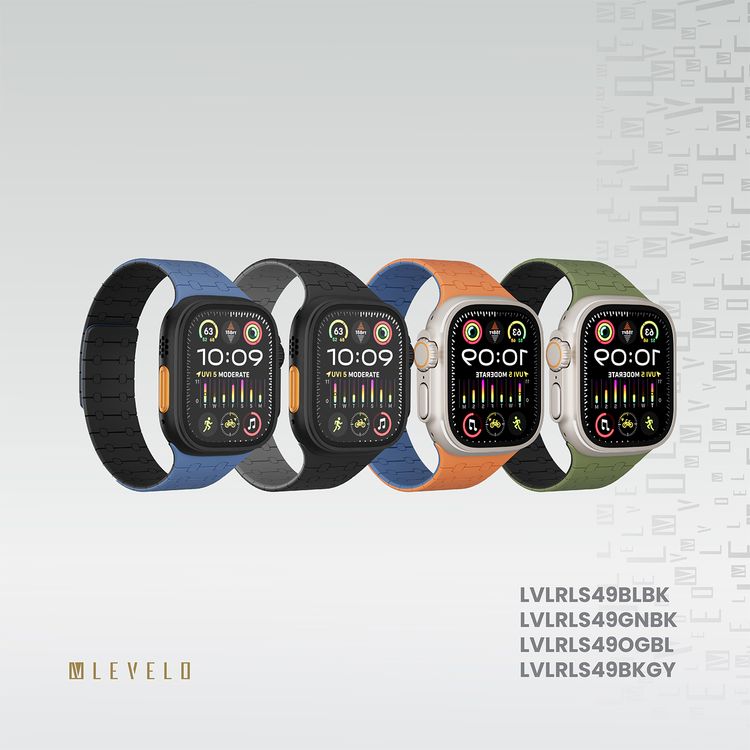 حزام ساعة سيليكون Levelo Royallink ثنائي اللون لساعة Apple Watch بحجم 49/46 مم، مصنوع من مواد مضادة للحساسية، يحتوي على 32 مغناطيس مدمج، مقاوم للماء والعرق، يتميز بقوة التثبيت المغناطيسي، سهل التركيب - أزرق / أسود.