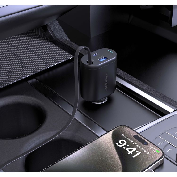 Powerology Retractable Car Charger with Simultaneous Charging, Built-In Safeguards, Patented Design, 1m Cable Length - Black 
