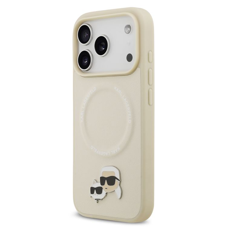 كفر كارل لاغرفيلد من الجلد الصناعي مع دبابيس على شكل رأس كارل وشوبيتي لهاتف آيفون 17 برو ماكس، متوافق مع MagSafe، ذو تصميم نحيف، يوفر حماية من الصدمات، بمسكة مريحة، بعبوة مستدامة، وسهل التركيب، وخفيف الوزن - بيج