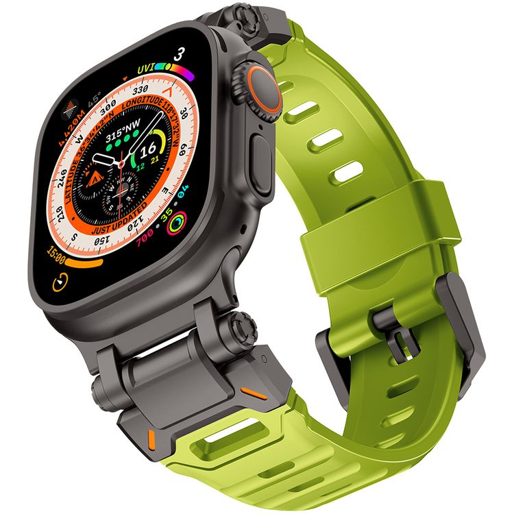Levelo Kyoto Watch Strap, Apple Watch SE 9/8/7/6/5 (46/49mm), Fluoro Rubber & Stainless Steel Finish, Chemical Resistance, Hypoallergenic, 24/7 Wearability - Acid Green