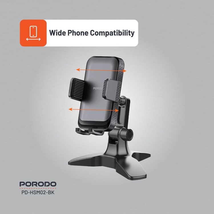 حامل هاتف مكتبي متعدد الزوايا من Porodo للأجهزة بحجم 4.7"-7"، قاعدة ترايبود ثابتة، مفصل كروي دوار، مادة سيليكون - أسود