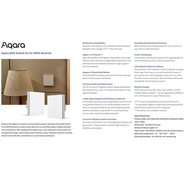 Aqara Smart Wall Switch H1 EU مع هزاز محايد ومزدوج - أبيض