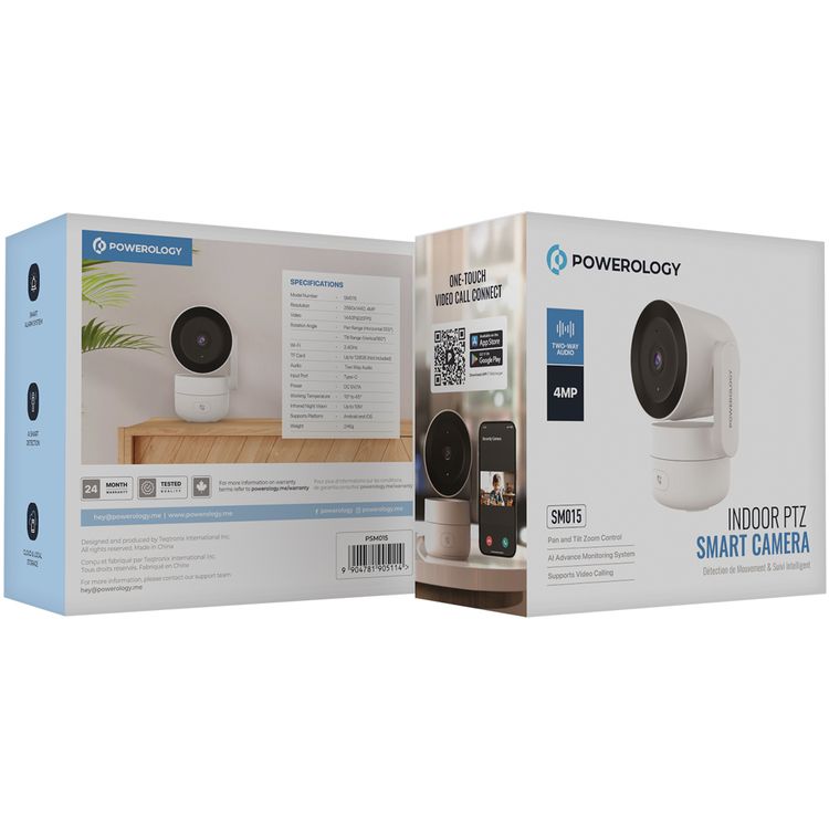 Powerology Indoor PTZ Smart Camera with AI Advanced Motion Detection, 4MP Resolution, Two-Way Audio, One-Touch Video Calling, Up to 10m Infrared Night Vision, 180° Tilt Range, 355° Pan Range, Type-C Input Port, 2.4GHz Wi-Fi, Cloud & Local Storage - White