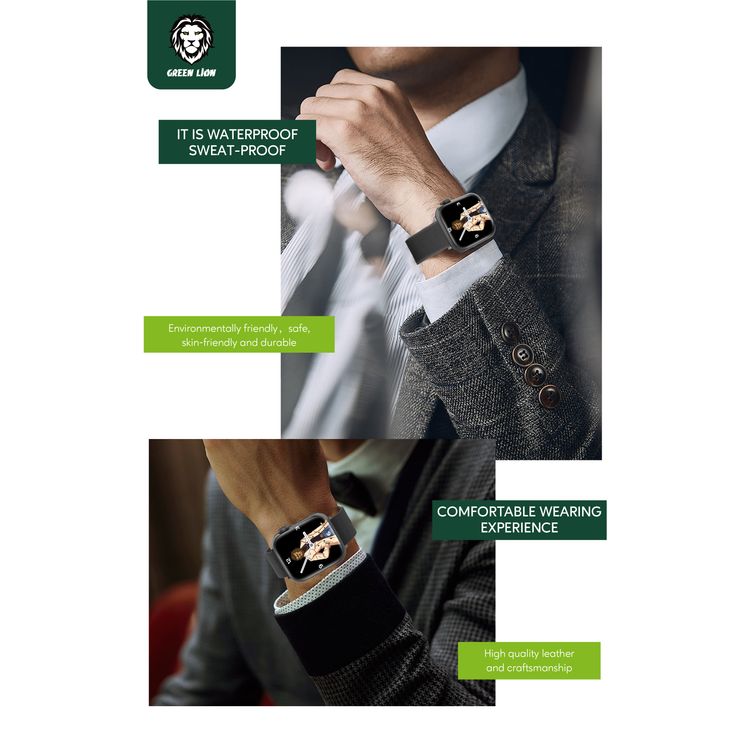 Green Lion Stylin Leather Watch Strap Band for Apple Watch 42/44mm, Metal Buckle Lock, Water & Sweat Resistant, 360° Twist, Breathable & Comfortable, Skin-Friendly - Black