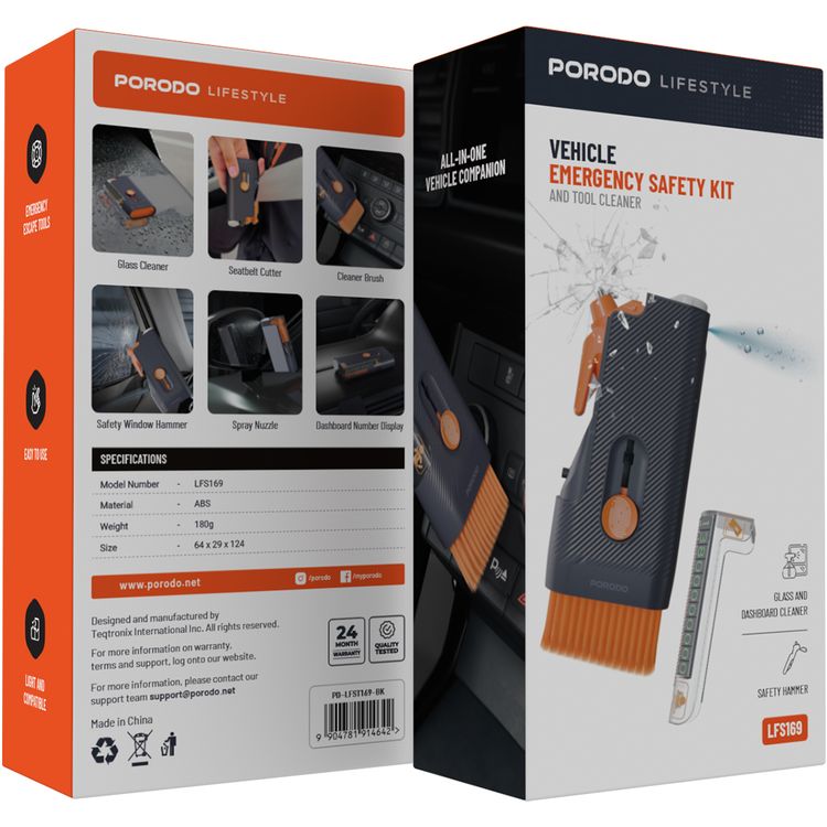 Porodo Lifestyle Vehicle Emergency Safety Kit with Tool Cleaners, ABS Material, Lightweight & Portable, Safety Hammer Included, Easy to Use, Glass & Dashboard Cleaner Supplied - Black