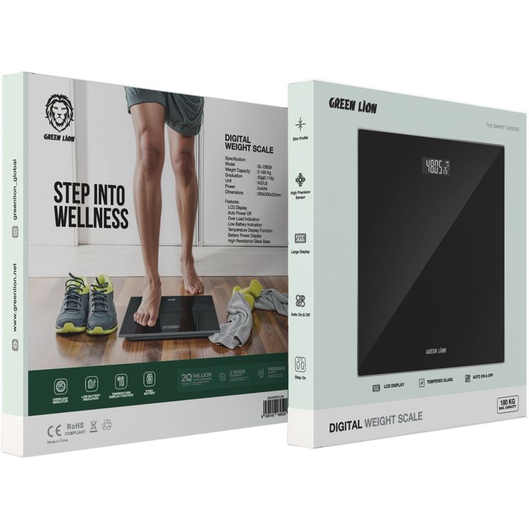 Green Lion Digital Weight Scale with LCD Display, 180kg Max Capacity, High Precision Sensor, Auto Power On & Off, High-Resistance Glass Base - Black