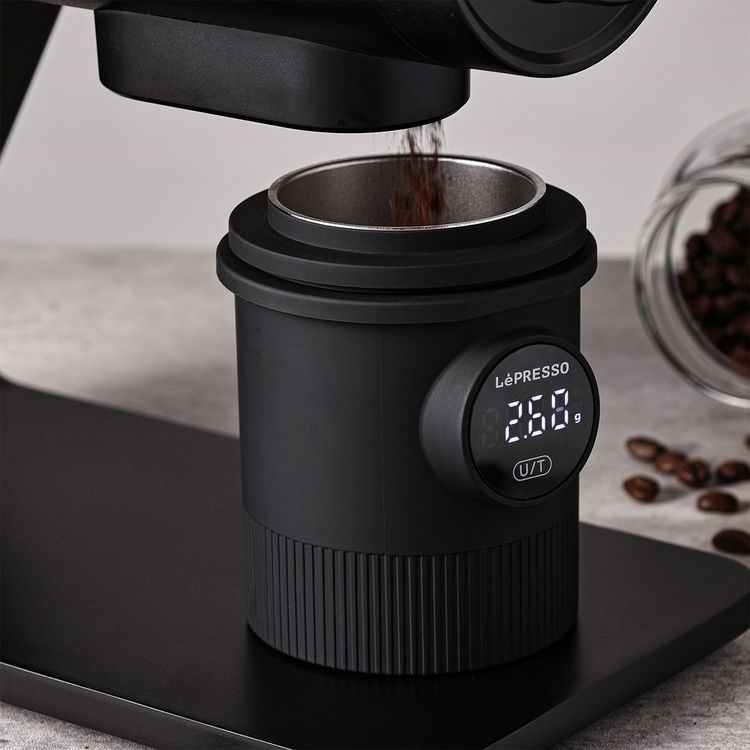 LePresso Smart Dosing Cup for 58mm Portafilter, 850mAh Battery Capacity, 500g Capacity, Multi-Unit Measurement, Intelligent Sensor Scale, Stainless Steel Cup - Black